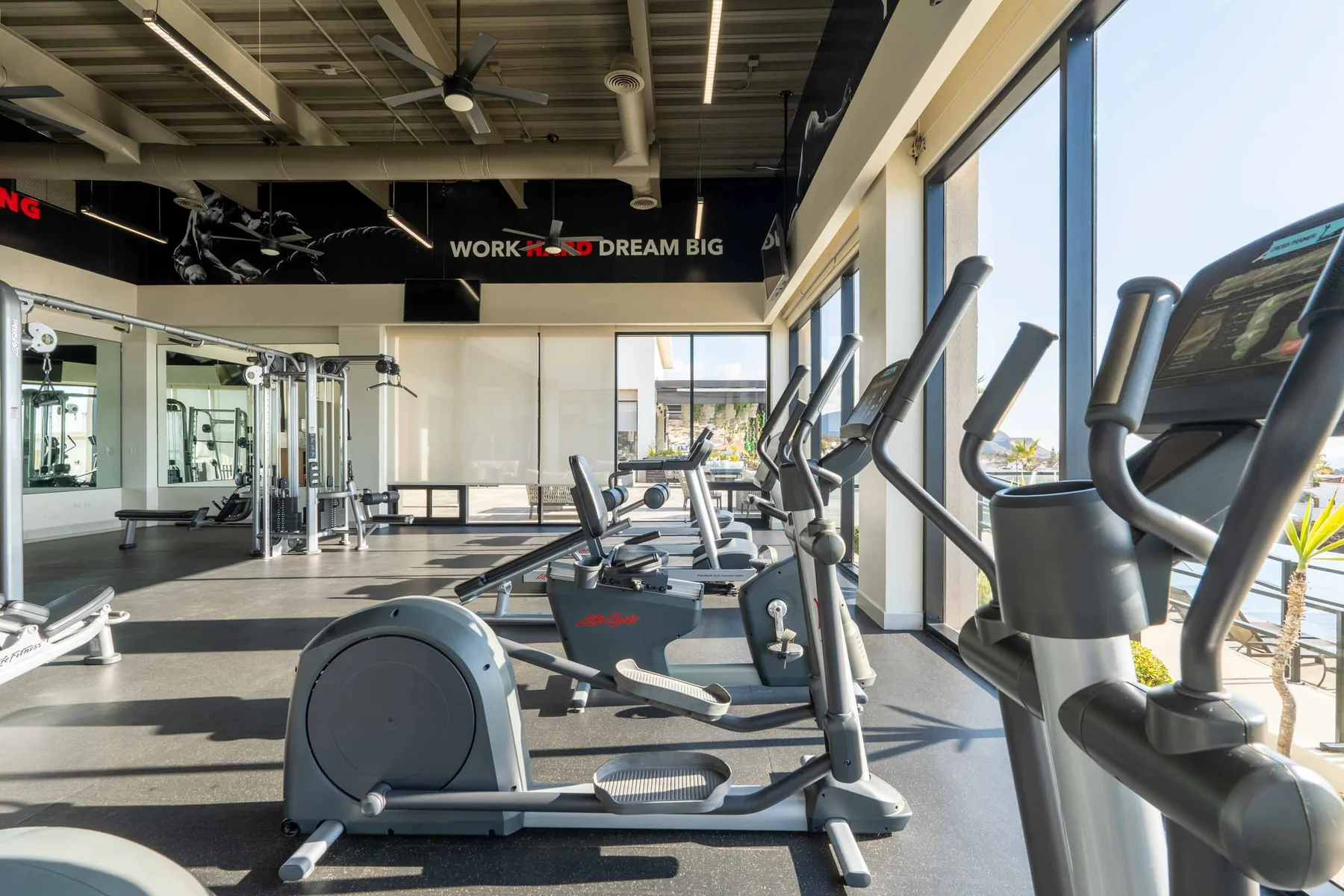 Gym cardio zone with ellipticals and bikes