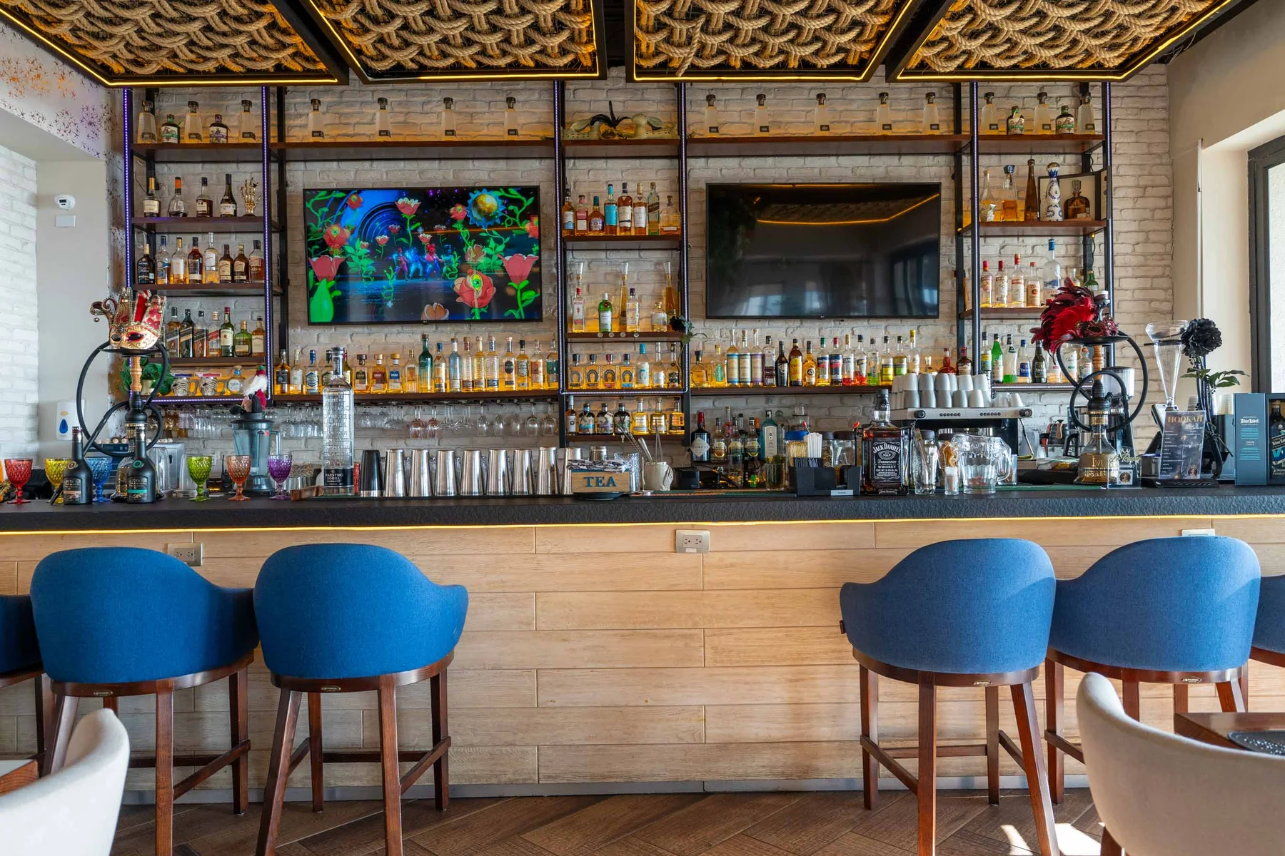Community bar with counter and stools